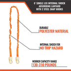 MALTA DYNAMICS - 6’ SINGLE LEG INTERNAL SHOCK ABSORBING LANYARD WITH 2 STEEL SNAP HOOKS