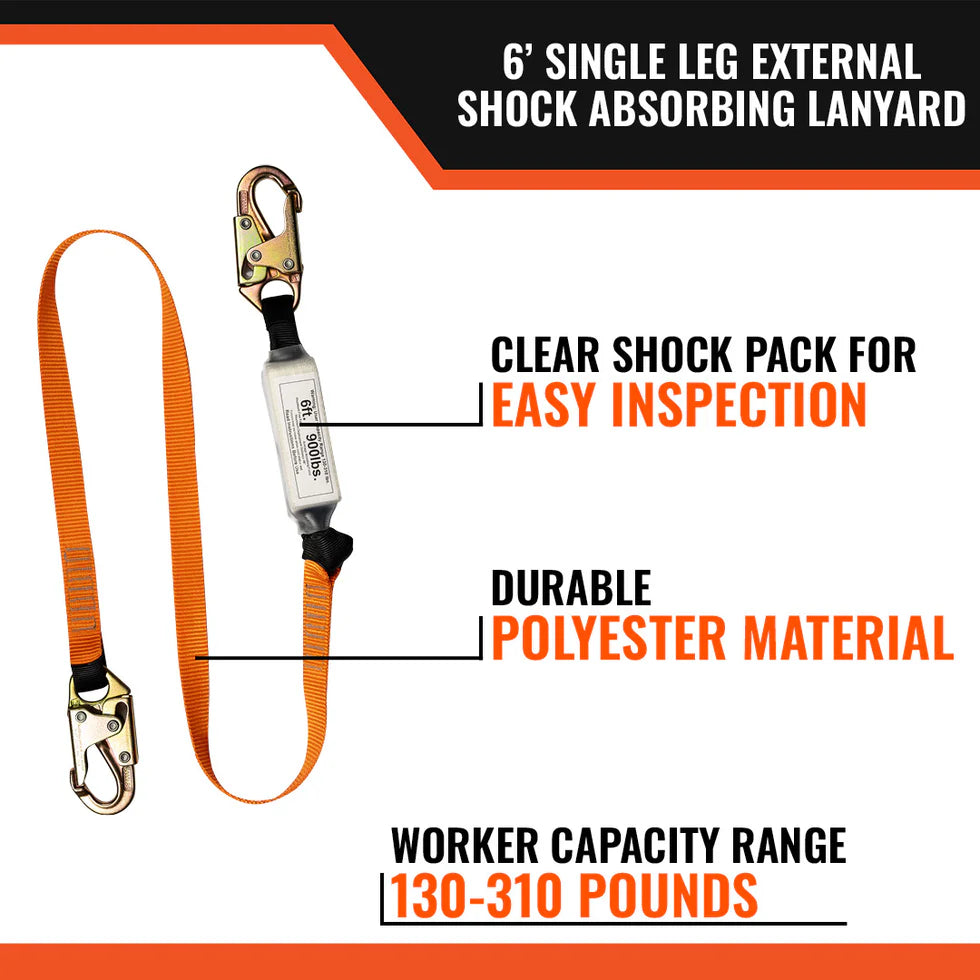MALTA DYNAMICS - 6’ SINGLE LEG EXTERNAL SHOCK ABSORBING LANYARD W/ 2 STEEL SNAP HOOKS
