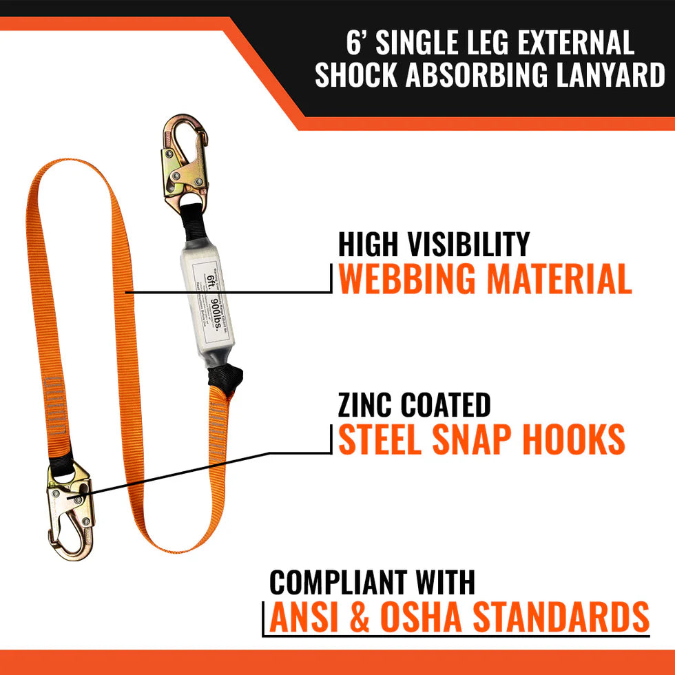 MALTA DYNAMICS - 6’ SINGLE LEG EXTERNAL SHOCK ABSORBING LANYARD W/ 2 STEEL SNAP HOOKS