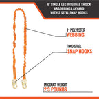 MALTA DYNAMICS - 6’ SINGLE LEG INTERNAL SHOCK ABSORBING LANYARD WITH 2 STEEL SNAP HOOKS