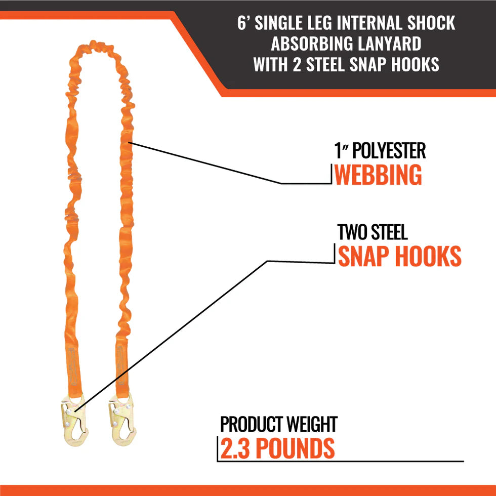 MALTA DYNAMICS - 6’ SINGLE LEG INTERNAL SHOCK ABSORBING LANYARD WITH 2 STEEL SNAP HOOKS